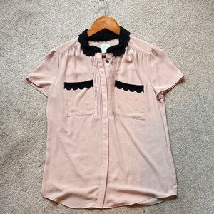 HD in Paris Blush Pink Short Sleeve Button-Down with Black Scalloped Trim